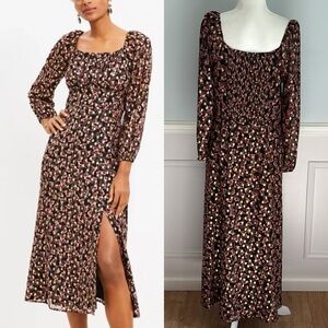 Loft Dot Shimmer Square Neck Midi Dress Size 10 Business Casual Boho Metallic